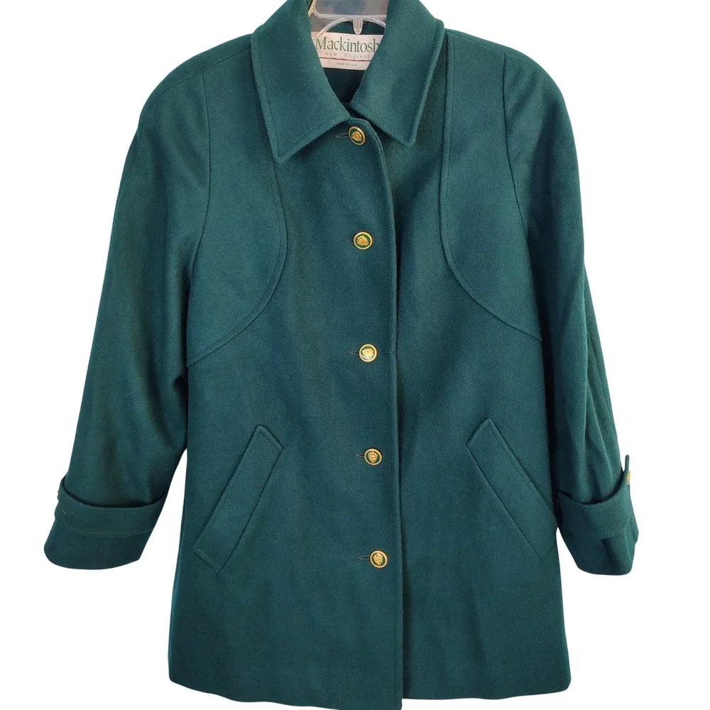 Mackintosh New England Vintage Wool Car Coat Teal Green Gold Crest Buttons Sz 12